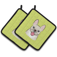"Caroline's Treasures Checkerboard Lime green French Bulldog Pair of Pot Holders BB1300PTHD, 7.5HX7.5W, Multicolor"