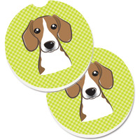 "Caroline's Treasures Checkerboard Lime green Beagle Set of 2 Cup Holder Car Coasters BB1301CARC, 2.56, Multicolor"