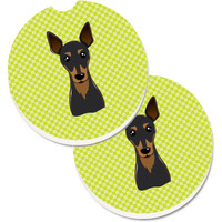 "Caroline's Treasures Checkerboard Lime green Min Pin Set of 2 Cup Holder Car Coasters BB1302CARC, 2.56, Multicolor"