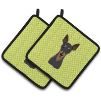 "Caroline's Treasures Checkerboard Lime green Min Pin Pair of Pot Holders BB1302PTHD, 7.5HX7.5W, Multicolor"