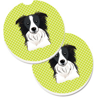 "Caroline's Treasures Checkerboard Lime green Border Collie Set of 2 Cup Holder Car Coasters BB1303CARC, 2.56, Multicolor"