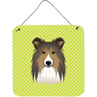 "Caroline's Treasures Checkerboard Lime Green Sheltie Wall or Door Hanging Prints, 6 x 6"""