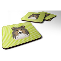 "Caroline's Treasures BB1304FC Checkerboard Lime Green Sheltie Foam Coaster (Set of 4), 3.5"" H x 3.5"" W, Multicolor"