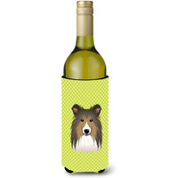 Checkerboard Lime Green Sheltie Wine Bottle Beverage Insulator Hugger BB1304LITERK