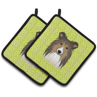 "Caroline's Treasures Checkerboard Lime green Sheltie Pair of Pot Holders BB1304PTHD, 7.5HX7.5W, Multicolor"