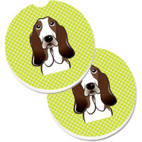 "Caroline's Treasures Checkerboard Lime green Basset Hound Set of 2 Cup Holder Car Coasters BB1305CARC, 2.56, Multicolor"