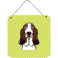 "Caroline's Treasures Checkerboard Lime Green Basset Hound Wall or Door Hanging Prints, 6 x 6"""