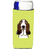 Checkerboard Lime Green Basset Hound Ultra Beverage Insulators for slim cans