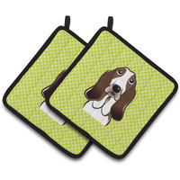 "Caroline's Treasures Checkerboard Lime green Basset Hound Pair of Pot Holders BB1305PTHD, 7.5HX7.5W, Multicolor"