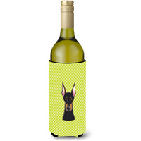 Checkerboard Lime Green Doberman Wine Bottle Beverage Insulator Hugger BB1307LITERK