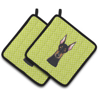 "Caroline's Treasures Checkerboard Lime green Doberman Pair of Pot Holders BB1307PTHD, 7.5HX7.5W, Multicolor"