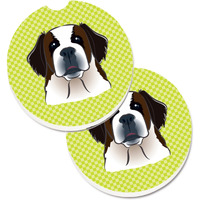 "Caroline's Treasures Checkerboard Lime green Saint Bernard Set of 2 Cup Holder Car Coasters BB1308CARC, 2.56, Multicolor"