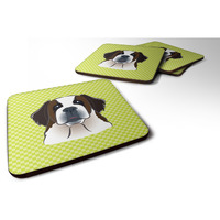 "Caroline's Treasures BB1308FC Checkerboard Lime Green Saint Bernard Foam Coaster (Set of 4), 3.5"" H x 3.5"" W, Multicolor"