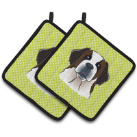 "Caroline's Treasures Checkerboard Lime green Saint Bernard Pair of Pot Holders BB1308PTHD, 7.5HX7.5W, Multicolor"