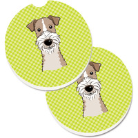 "Caroline's Treasures Checkerboard Lime green Wire Haired Fox Terrier Set of 2 Cup Holder Car Coasters BB1309CARC, 2.56, Multicolor"