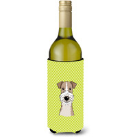 Checkerboard Lime Green Wire Haired Fox Terrier Wine Bottle Beverage Insulator Hugger