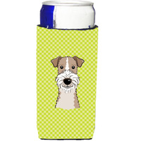 Checkerboard Lime  Wire Haired Fox Terrier Ultra Beverage Insulators for slim cans