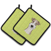 "Caroline's Treasures Checkerboard Lime green Wire Haired Fox Terrier Pair of Pot Holders BB1309PTHD, 7.5HX7.5W, Multicolor"