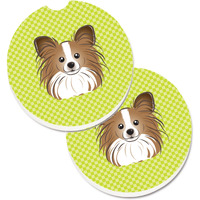 "Caroline's Treasures Checkerboard Lime green Papillon Set of 2 Cup Holder Car Coasters BB1310CARC, 2.56, Multicolor"