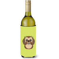 Checkerboard Lime Green Chocolate Brown Shih Tzu Wine Bottle Beverage Insulator Hugger