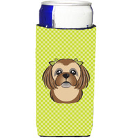 Checkerboard Lime Green Chocolate Shih Tzu Ultra Beverage Insulators for slim cans