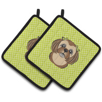 "Caroline's Treasures Checkerboard Lime green Chocolate Brown Shih Tzu Pair of Pot Holders BB1311PTHD, 7.5HX7.5W, Multicolor"