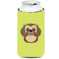 Checkerboard Lime Green Chocolate Brown Shih Tzu Tall Boy Beverage Insulator Hugger