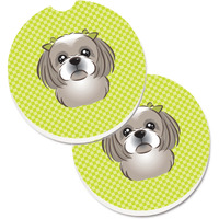 "Caroline's Treasures Checkerboard Lime green Gray Silver Shih Tzu Set of 2 Cup Holder Car Coasters BB1312CARC, 2.56, Multicolor"