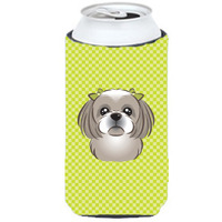 Checkerboard Lime Green Gray Silver Shih Tzu Tall Boy Beverage Insulator Hugger BB1312TBC