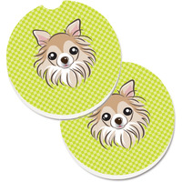 "Caroline's Treasures Checkerboard Lime green Chihuahua Set of 2 Cup Holder Car Coasters BB1313CARC, 2.56, Multicolor"