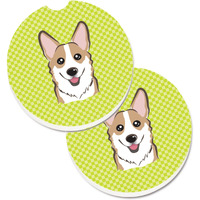 "Caroline's Treasures Checkerboard Lime green Corgi Set of 2 Cup Holder Car Coasters BB1315CARC, 2.56, Multicolor"