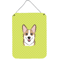 "Caroline's Treasures BB1315DS1216 Checkerboard Lime Green Corgi Wall or Door Hanging Prints, 16"" x 12"""