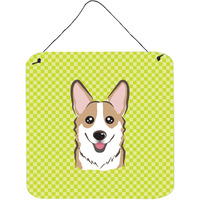 "Caroline's Treasures BB1315DS66 Checkerboard Lime Green Corgi Wall or Door Hanging Prints, 6 x 6"""