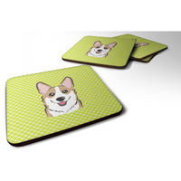 "Caroline's Treasures BB1315FC Checkerboard Lime Green Corgi Foam Coaster (Set of 4), 3.5"" H x 3.5"" W, Multicolor"