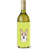 Checkerboard Lime Green Corgi Wine Bottle Beverage Insulator Hugger BB1315LITERK