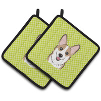 "Caroline's Treasures Checkerboard Lime green Corgi Pair of Pot Holders BB1315PTHD, 7.5HX7.5W, Multicolor"