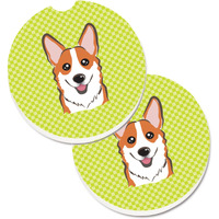 "Caroline's Treasures Checkerboard Lime green Corgi Set of 2 Cup Holder Car Coasters BB1316CARC, 2.56, Multicolor"