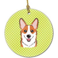 Checkerboard Lime Green Corgi Ceramic Ornament BB1316CO1