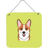 "Caroline's Treasures BB1316DS66 Checkerboard Lime Green Corgi Wall or Door Hanging Prints, 6 x 6"""