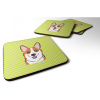 "Caroline's Treasures BB1316FC Checkerboard Lime Green Corgi Foam Coaster (Set of 4), 3.5"" H x 3.5"" W, Multicolor"