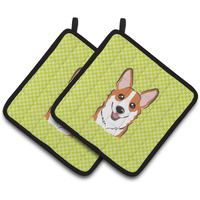"Caroline's Treasures Checkerboard Lime green Corgi Pair of Pot Holders BB1316PTHD, 7.5HX7.5W, Multicolor"