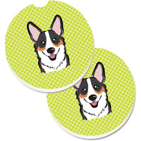 "Caroline's Treasures Checkerboard Lime green Corgi Set of 2 Cup Holder Car Coasters BB1317CARC, 2.56, Multicolor"