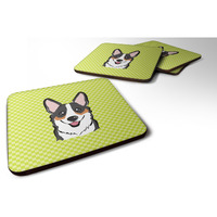 "Caroline's Treasures BB1317FC Checkerboard Lime Green Corgi Foam Coaster (Set of 4), 3.5"" H x 3.5"" W, Multicolor"