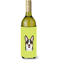 Checkerboard Lime Green Corgi Wine Bottle Beverage Insulator Hugger BB1317LITERK