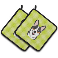 "Caroline's Treasures Checkerboard Lime green Corgi Pair of Pot Holders BB1317PTHD, 7.5HX7.5W, Multicolor"