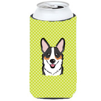 Checkerboard Lime Green Corgi Tall Boy Beverage Insulator Hugger BB1317TBC