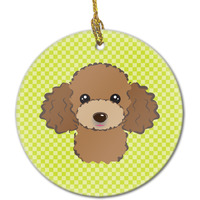 Checkerboard Lime Green Chocolate Brown Poodle Ceramic Ornament BB1318CO1