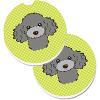 "Caroline's Treasures Checkerboard Lime green Silver Gray Poodle Set of 2 Cup Holder Car Coasters BB1321CARC, 2.56, Multicolor"