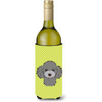 Checkerboard Lime Green Silver Gray Poodle Wine Bottle Beverage Insulator Hugger