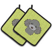 "Caroline's Treasures Checkerboard Lime green Silver Gray Poodle Pair of Pot Holders BB1321PTHD, 7.5HX7.5W, Multicolor"
